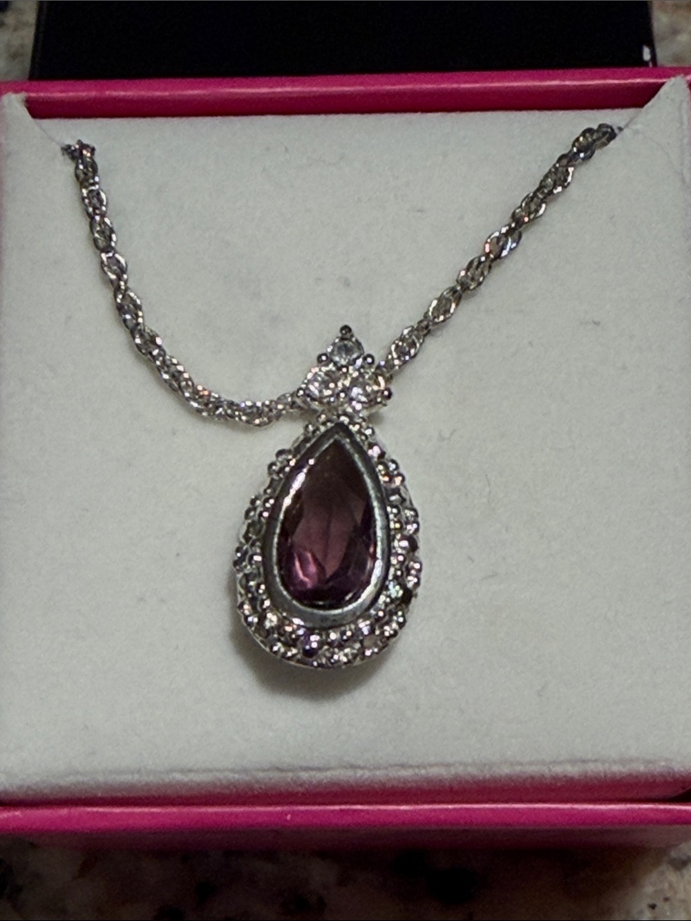 Avon Silver-Tone Teardrop Necklace with Purple Center Stone
